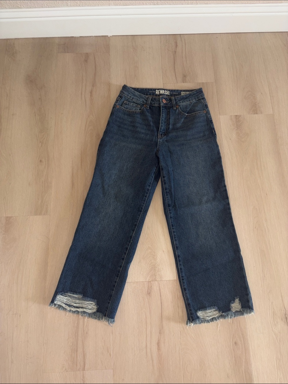 Rewash Dark Blue Wide-Leg Distressed Hem Jeans